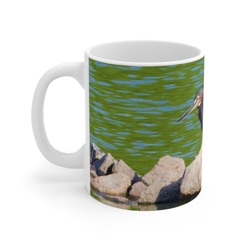 Green Heron on Rock Ceramic Mug 11oz – Pond Wildlife Coffee Cup