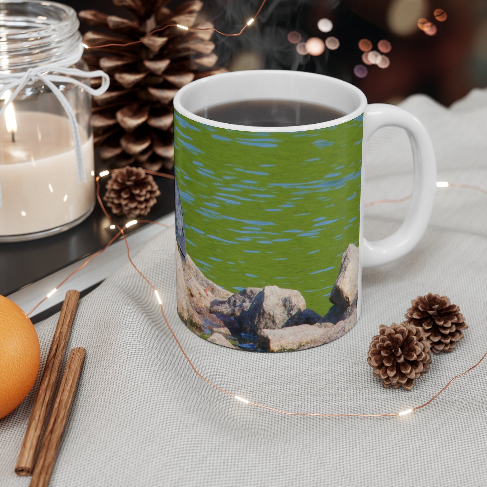 Green Heron on Rock Ceramic Mug 11oz – Pond Wildlife Coffee Cup