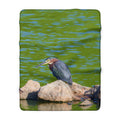 Green Heron on Rock in a Pond Sherpa Fleece Blanket – Wildlife Nature Throw