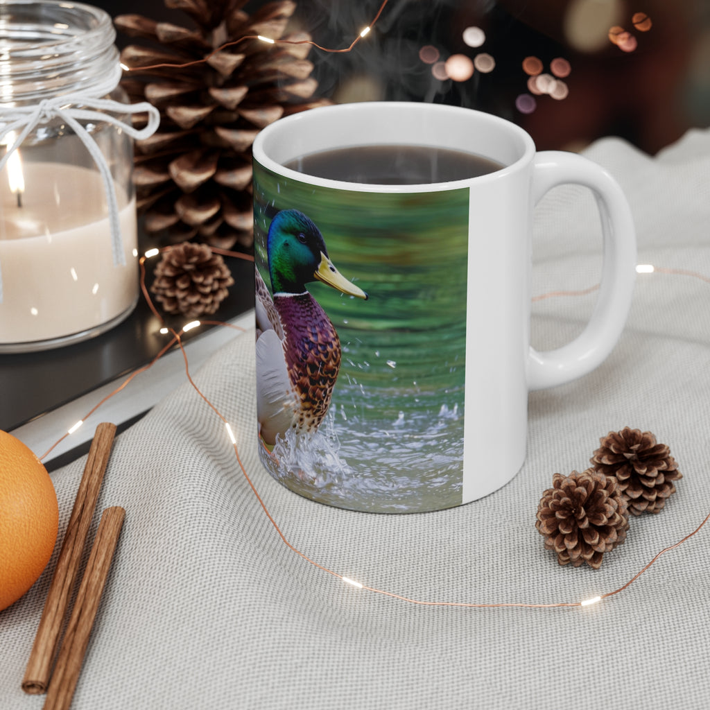 Male Mallard Splashing in Water Ceramic Mug 11oz – Wildlife Action Coffee Cup