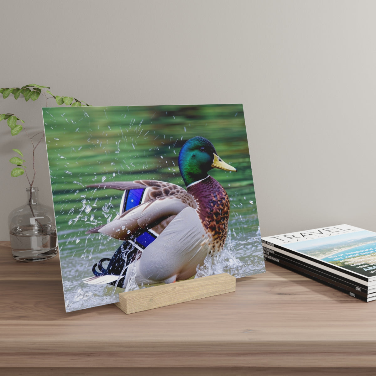 Mallard Duck Splash Wood Desktop Print  Nature Photography PlaqueGallery Board with Stand