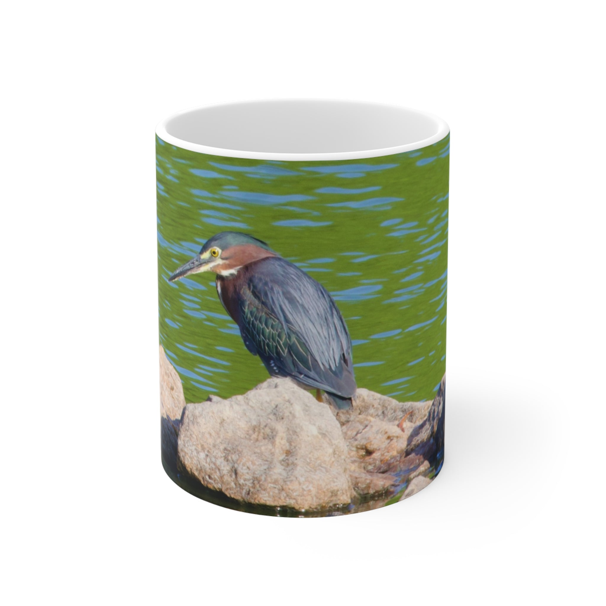 Green Heron on Rock Ceramic Mug 11oz – Pond Wildlife Coffee Cup