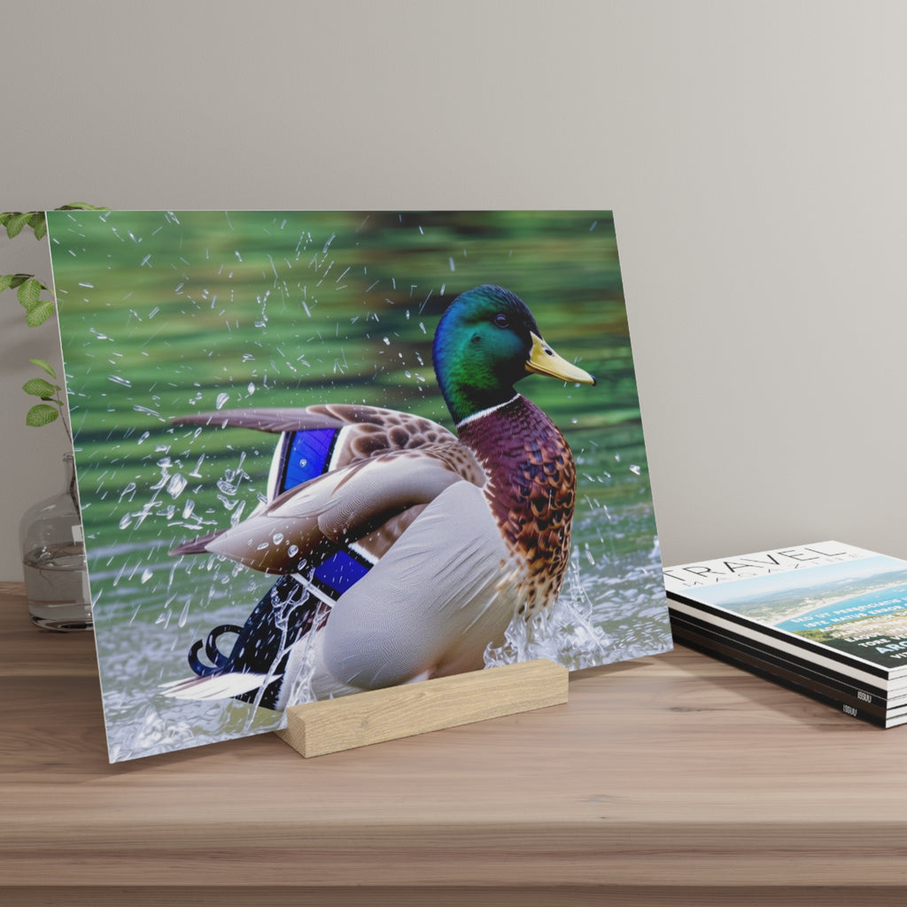 Mallard Duck Splash Wood Desktop Print  Nature Photography PlaqueGallery Board with Stand