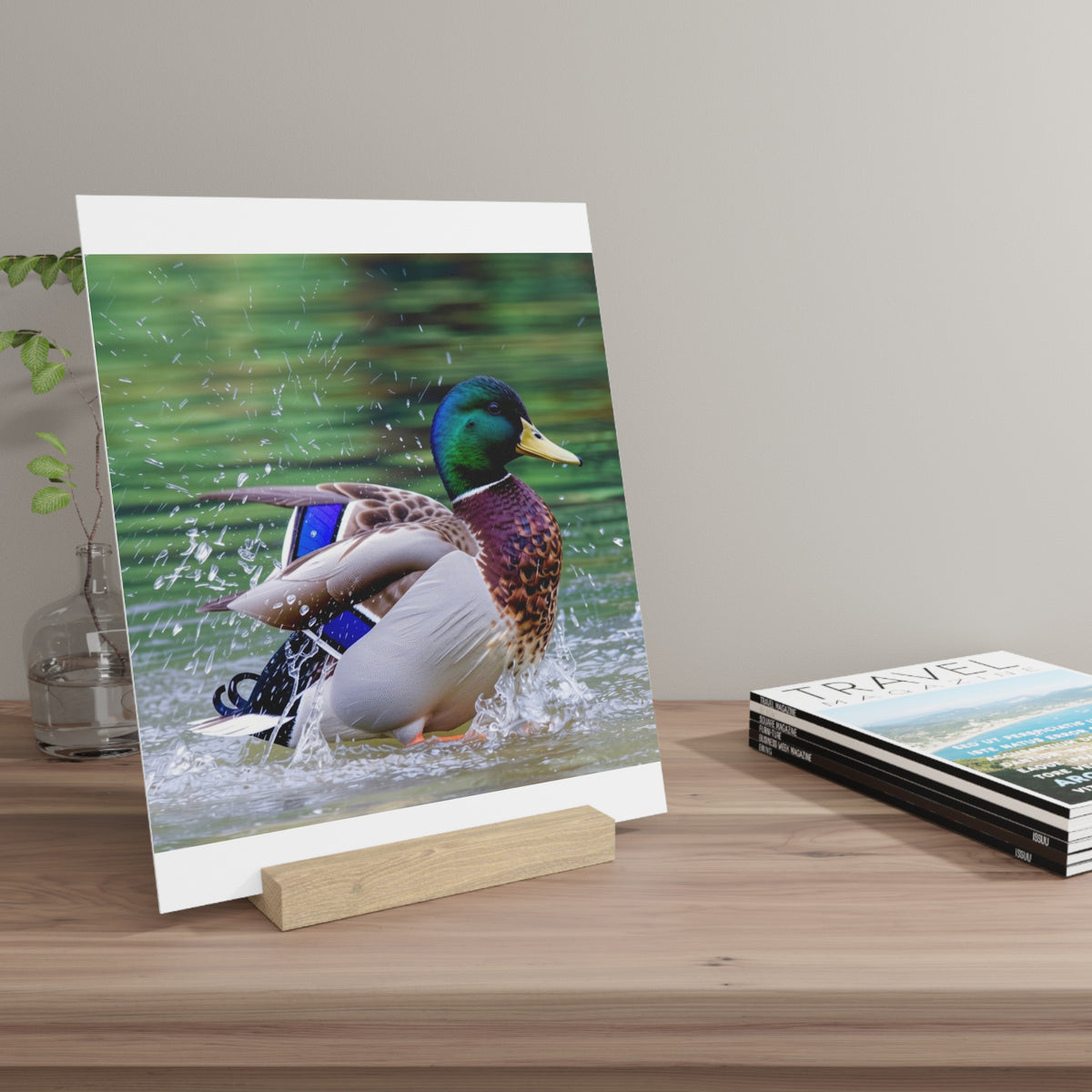 Mallard Duck Splash Wood Desktop Print  Nature Photography PlaqueGallery Board with Stand