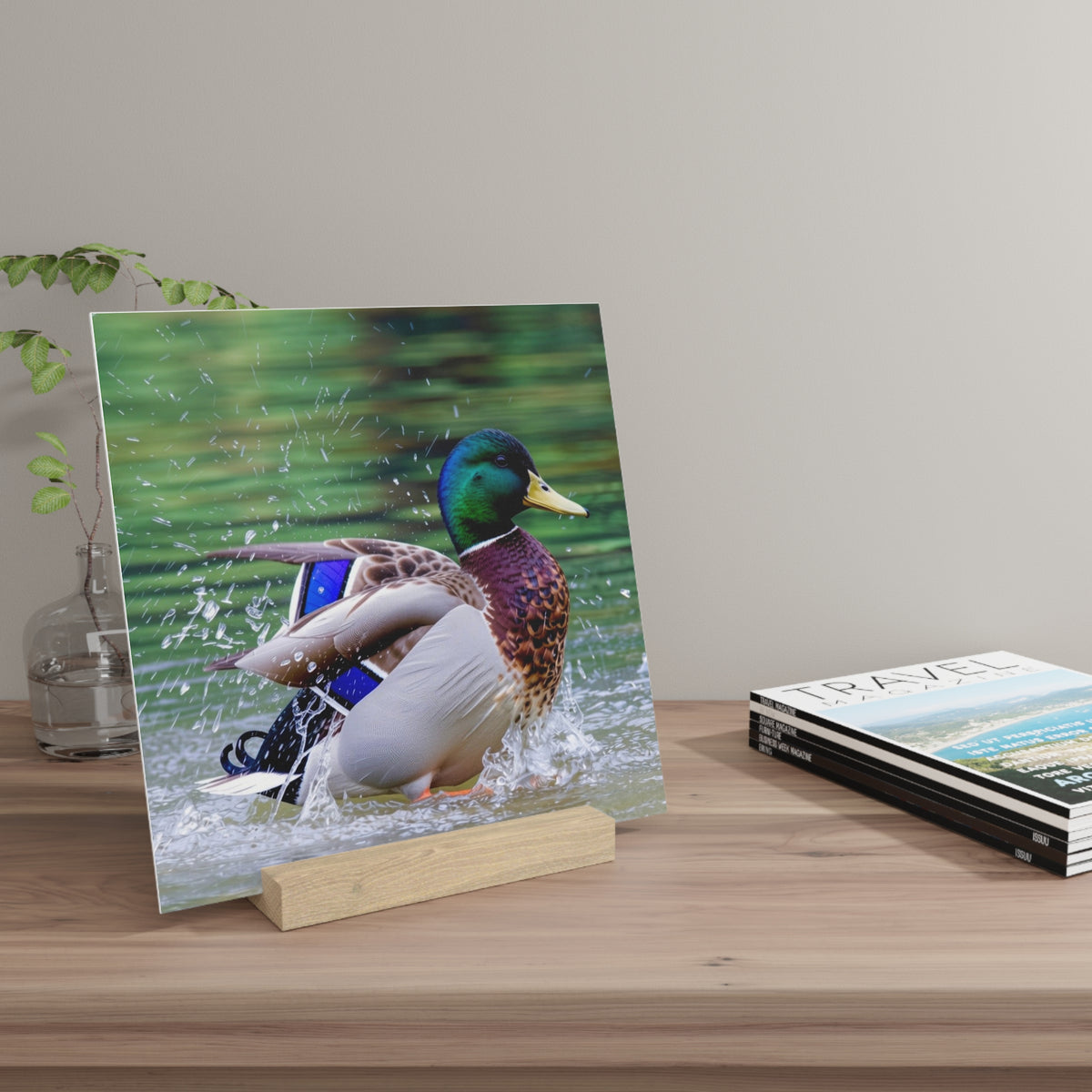 Mallard Duck Splash Wood Desktop Print  Nature Photography PlaqueGallery Board with Stand