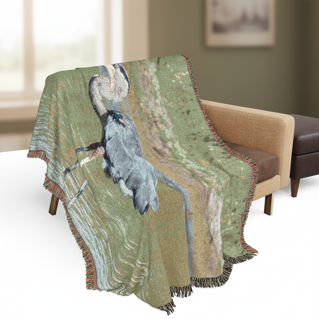 Great blue heron woven blanket lifestyle mockup, second version