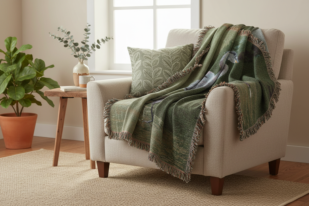 Great Blue Heron Woven Blanket Lifestyle Mockup