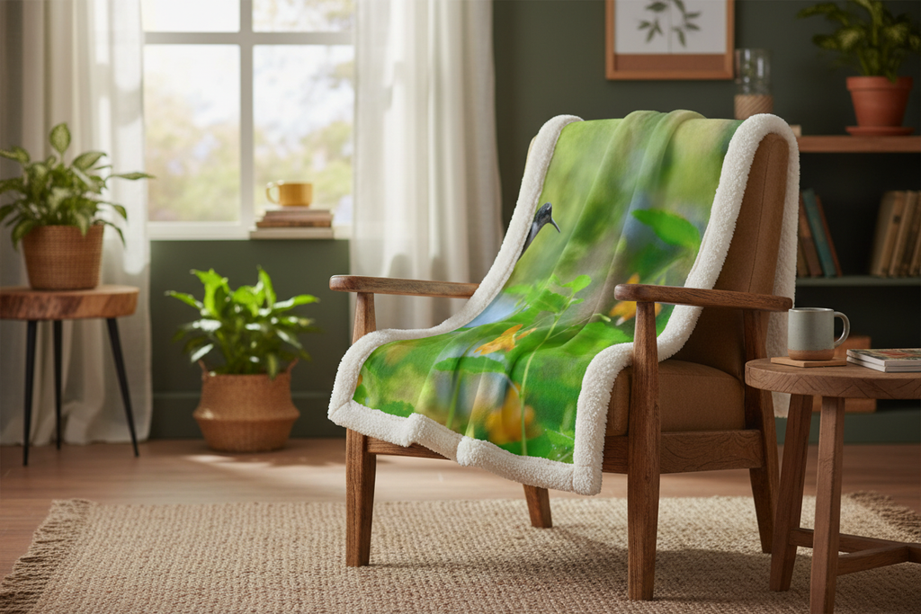 Hummingbird Sherpa Blanket Lifestyle Mockup