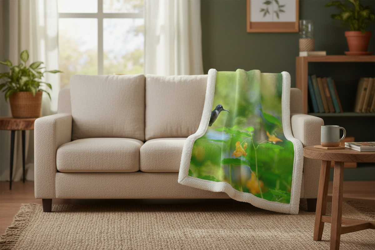 Hummingbird Sherpa Blanket on Couch