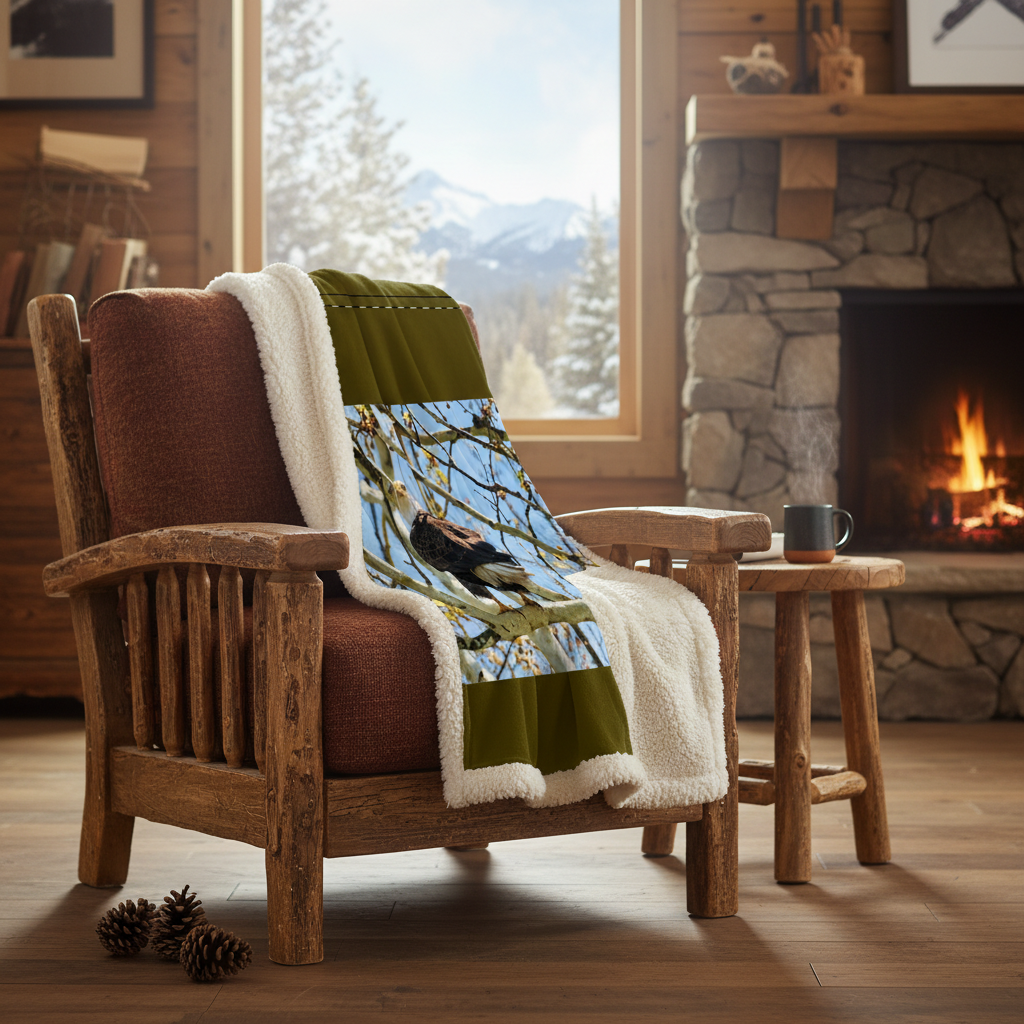 Bald Eagle sherpa blanket draped over a cabin armchair by a fireplace