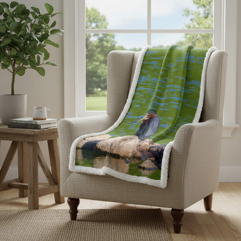 Green Heron on Rock in a Pond Sherpa Fleece Blanket – Wildlife Nature Throw